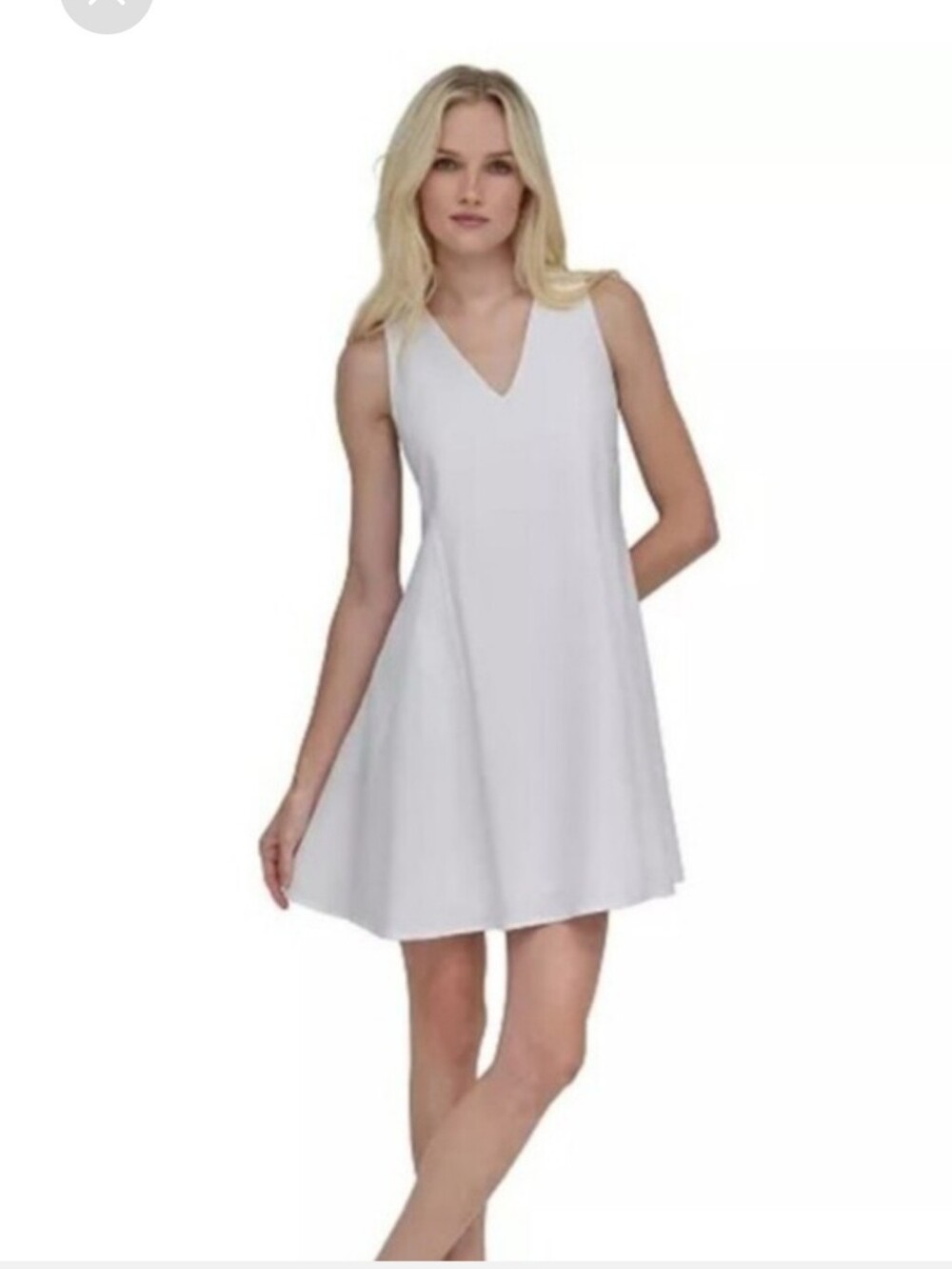 DKNY White Linen Blend Sleeveless V Neck Shift Dress Size 14 Minimalist Flaw